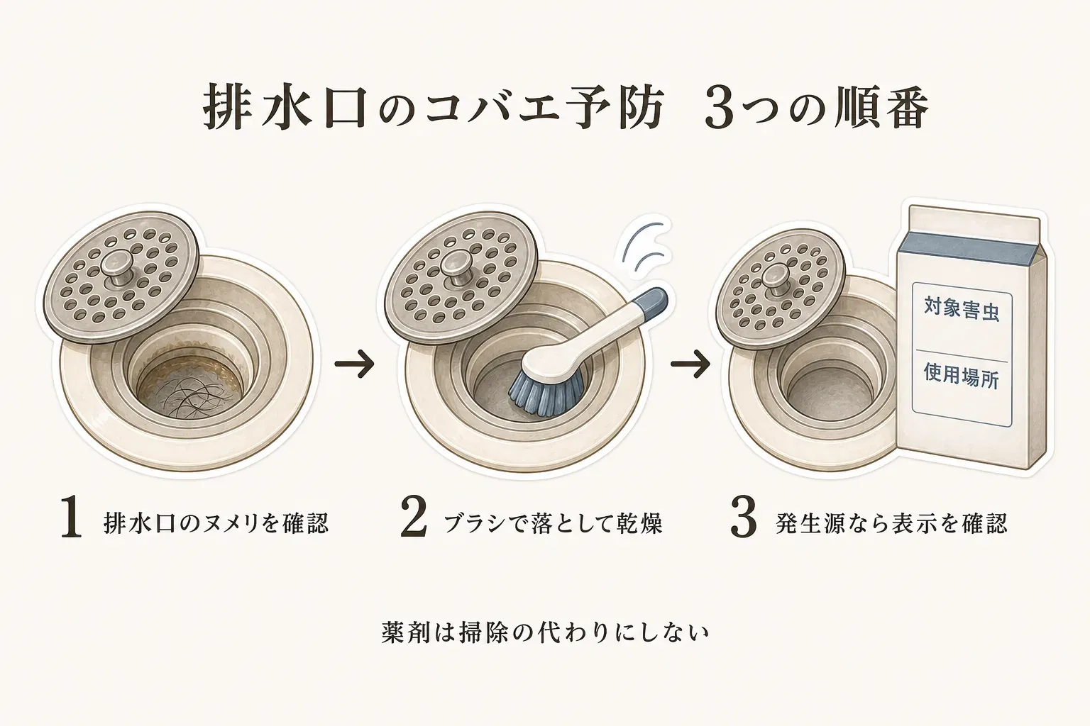 春先のコバエ予防の順番を示す図。台所・浴室・洗面・観葉植物・エアコン周辺を点検し、排水口などのごみとヌメリを落として乾燥させ、排水口が発生源と疑われる場合だけ対象害虫と使用場所に合う幼虫対策剤を検討する3段階を描いている