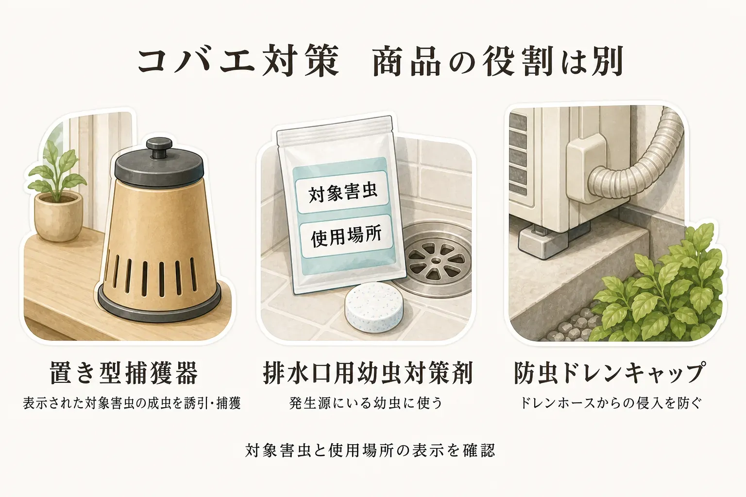 コバエ対策用品の役割の違いを示す図。置き型捕獲器は表示された対象害虫の成虫を誘引・捕獲し、排水口用幼虫対策剤は排水まわりの対象害虫の幼虫に使い、防虫ドレンキャップはエアコンの屋外ドレンホース先端からの虫の侵入を防ぐことを比較している