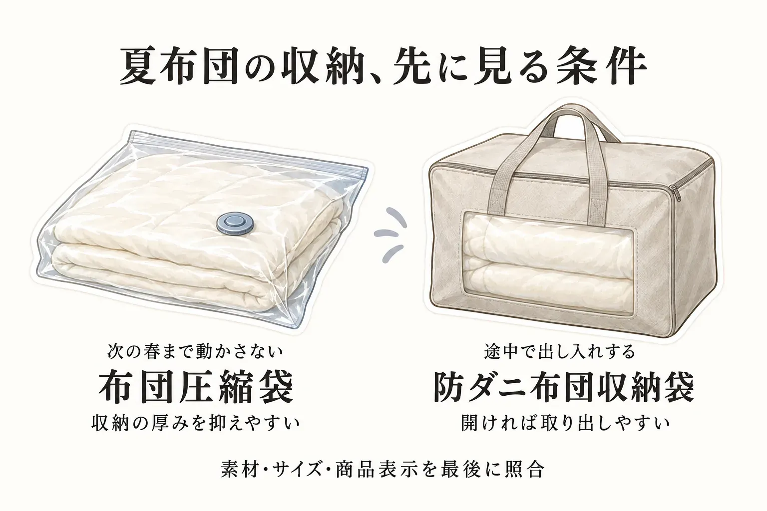 夏布団の収納で先に見る条件を示す図。次の春まで動かさず収納の厚みを抑えたい場合は布団圧縮袋、途中で出し入れして開ければ取り出しやすいことを重視する場合は防ダニ布団収納袋を選び、最後に素材・サイズ・商品表示を照合する流れを描いている