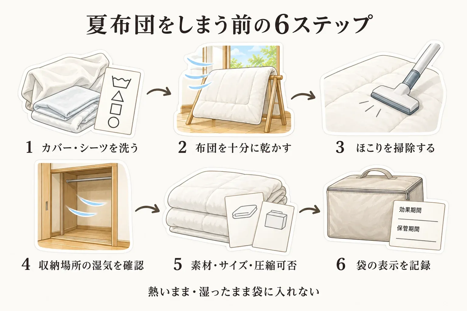 夏布団をしまう前の6ステップを示す図。カバー・シーツを洗い、布団を十分に乾かし、表面のほこりを掃除し、収納場所の湿気を確認してから、布団の素材・サイズ・圧縮可否を照合し、最後に袋の効果期間や保管期間の表示を記録する。熱いまま・湿ったまま袋に入れないことも示している