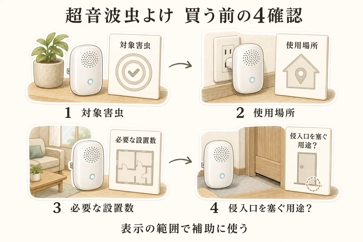 超音波虫よけを買う前に確認する4項目を示す図。対象害虫、使用場所、必要な設置数、侵入口を塞ぐ用途かどうかを確認し、製品表示の範囲で補助として使うことを示している