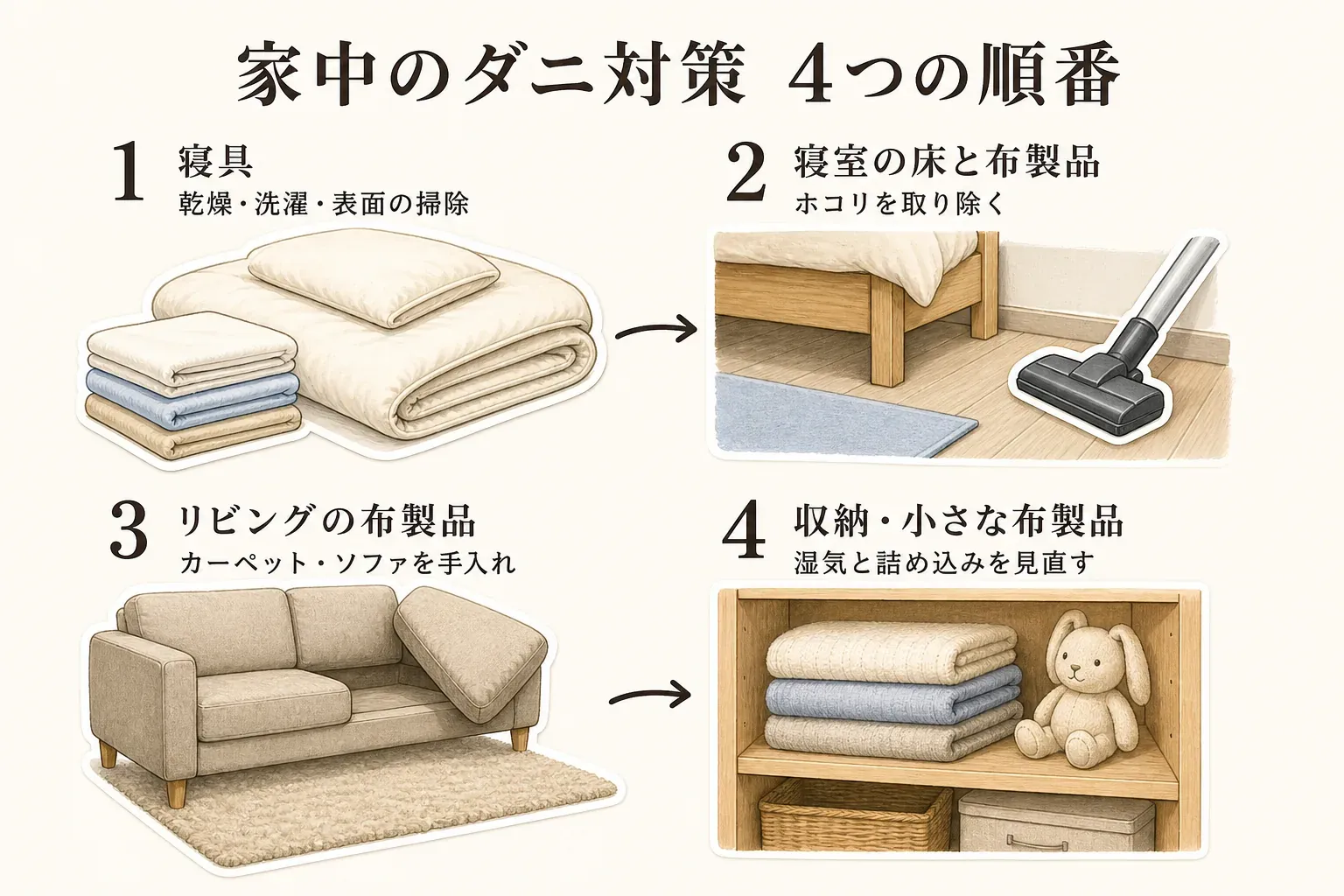 家中のダニ対策を、寝具、寝室の床と布製品、リビングの布製品、収納・小さな布製品の順に進める図。寝具は乾燥・洗濯・表面の掃除、寝室はホコリの除去、リビングはカーペット・ソファの手入れ、収納は湿気と詰め込みの見直しを示している