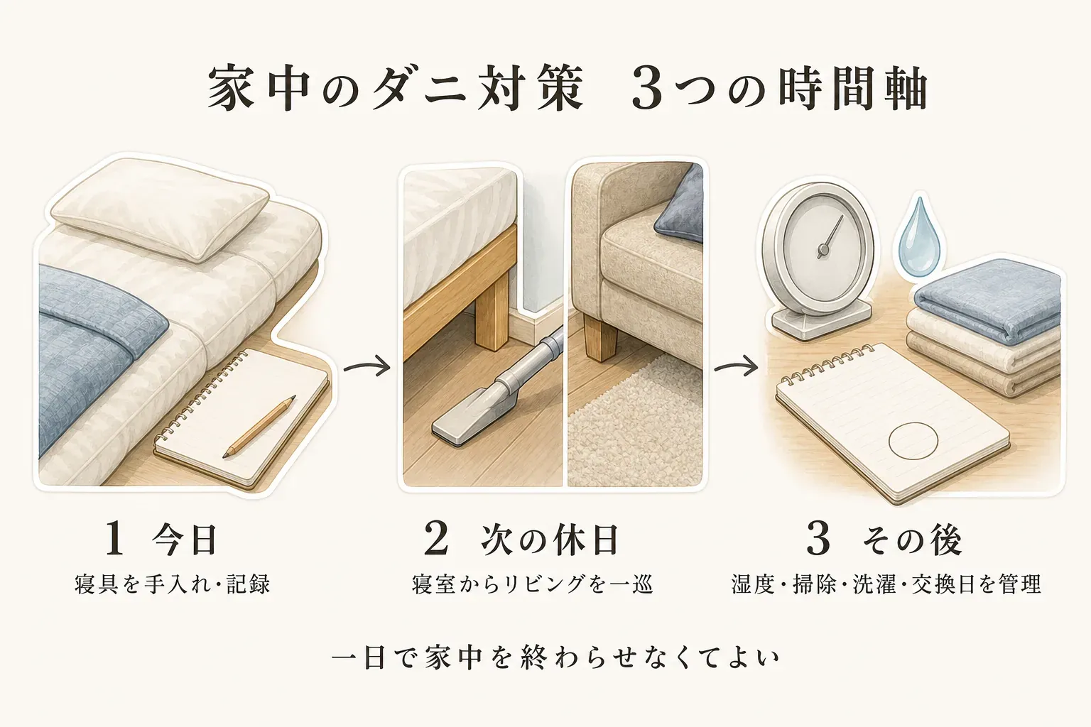家中のダニ対策を三つの時間軸に分ける図。今日は寝具を手入れ・記録し、次の休日は寝室からリビングを一巡し、その後は湿度・掃除・洗濯・交換日を管理する流れと、一日で家中を終わらせなくてよいことを示している