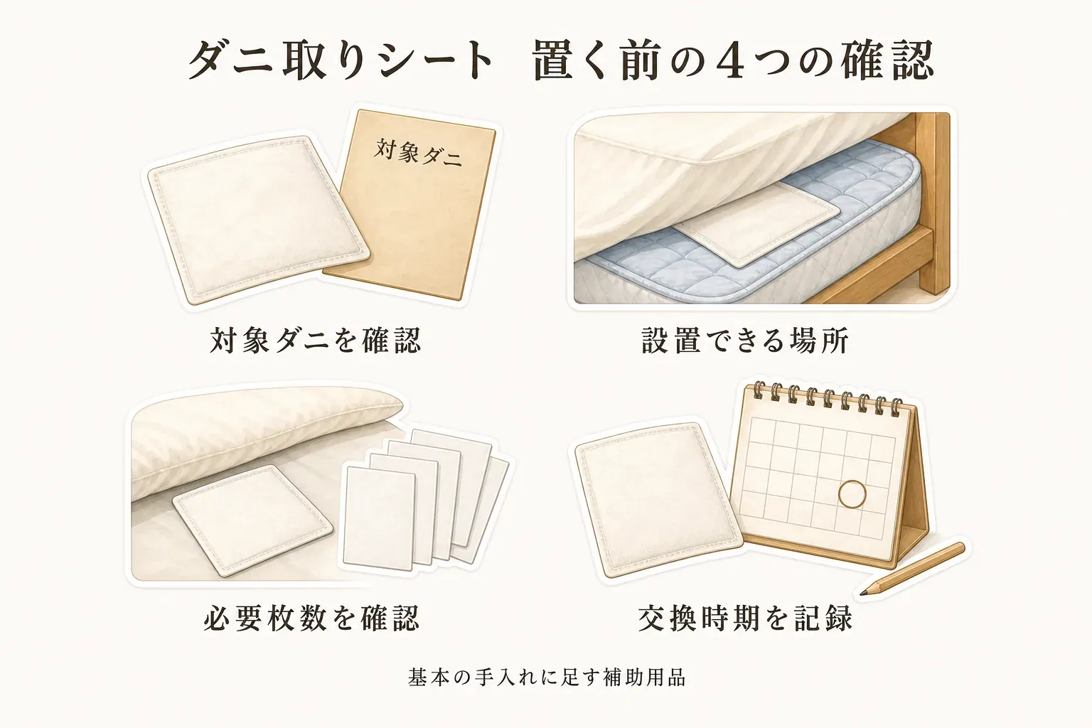ダニ取りシートを置く前の四つの確認を示す図。対象ダニ、設置できる場所、必要枚数、交換時期を確認し、基本の手入れに足す補助用品として使うことを示している