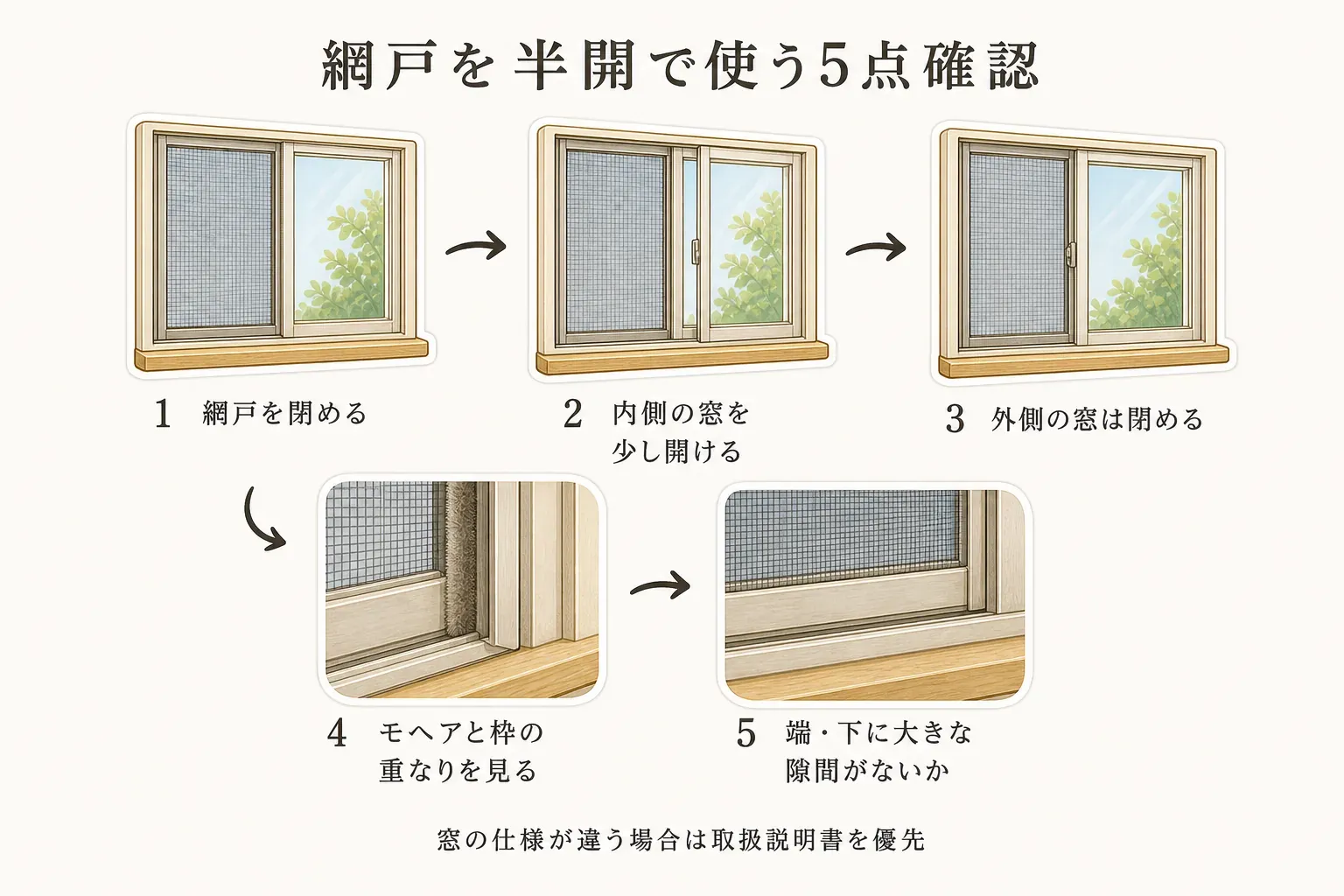 網戸を半開で使うときの5点確認を示す図。網戸を閉め、内側の窓だけを少し開け、外側の窓は閉めたままにし、モヘアと枠の重なり、端と下の大きな隙間を確認する流れを描いている。窓の仕様が異なる場合は取扱説明書を優先する