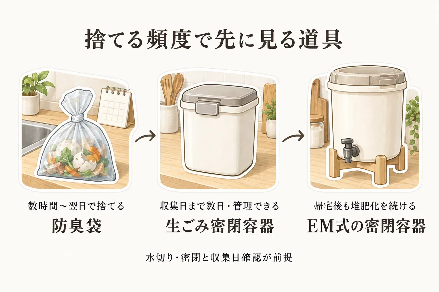 年末年始に家を空ける際の生ごみの捨てる頻度による選び方を示す図。数時間から翌日までなら口を結ぶ防臭袋、数日保管するならふたを閉められる生ごみ密閉容器、堆肥や液肥として使うならEMぼかしを使う発酵用の密閉容器を選ぶ流れを描いている。水分を減らし、袋の口や容器のふたを閉じることも示している